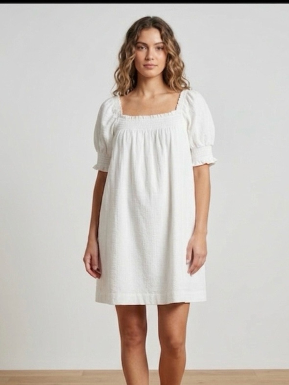 Lavender J | White Smocked Cotton Mini Dress new pit to pit 19”  length 32”